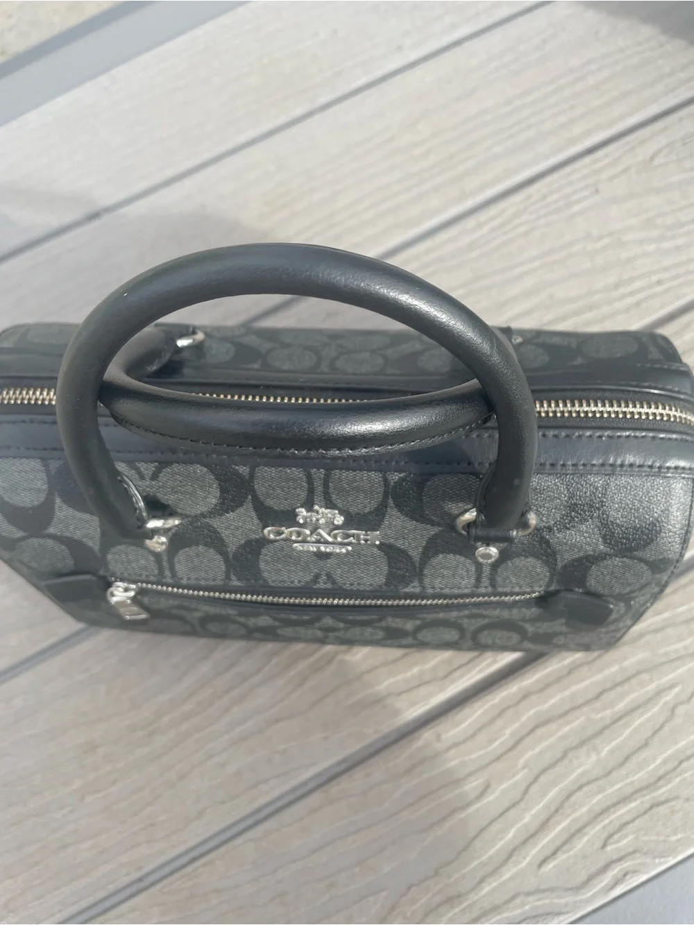 Coach Medium Black Signature Canvas Rowen with Silver Hardware